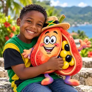 A smiling child hugging a Akeem Ackee plush