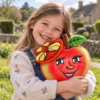 A smiling child hugging a Annabel Apple plush