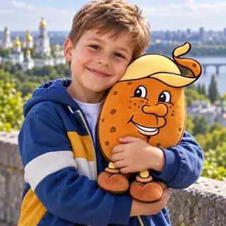 A smiling child hugging a Bakey Potato plush