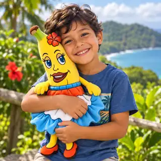 A smiling child hugging a Bambina Banana plush