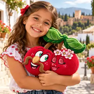A smiling child hugging a Barry & Kerry Cherry plush