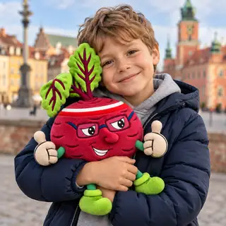 A smiling child hugging a Boguslaw Beet plush