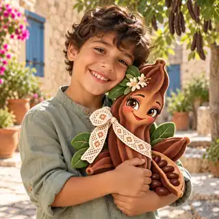 A smiling child hugging a Cara Carob plush