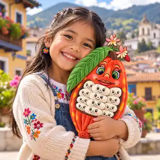 A smiling child hugging a Catalina Cacao plush