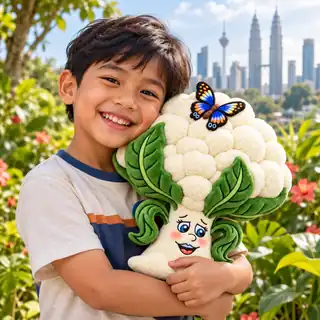 A smiling child hugging a Cathy Cauliflower plush