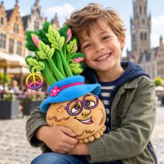 A smiling child hugging a Cecilia Celery plush