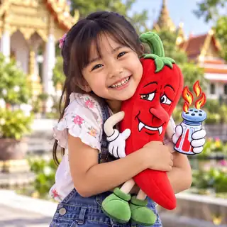 A smiling child hugging a Chantico Chili Pepper plush