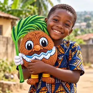 A smiling child hugging a Chief Coconut plush
