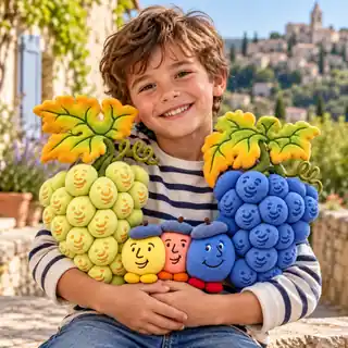 A smiling child hugging a Claude Grape plush