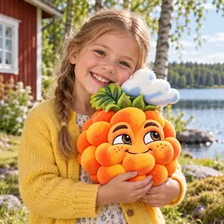 A smiling child hugging a Cloudy Cloudberry plush