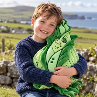 A smiling child hugging a Colin Cabbage plush