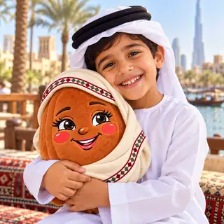 A smiling child hugging a Dalia Date plush