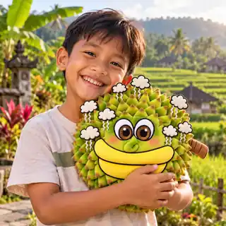 A smiling child hugging a Dumadi Durian plush