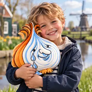 A smiling child hugging a Eduardo Onion plush