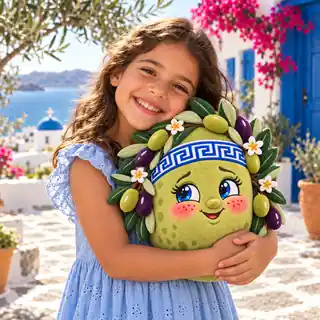 A smiling child hugging a Elitsa Olive plush