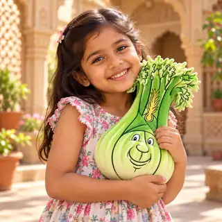 A smiling child hugging a Fariq Fennel plush