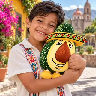 A smiling child hugging a Fernando Avocado plush