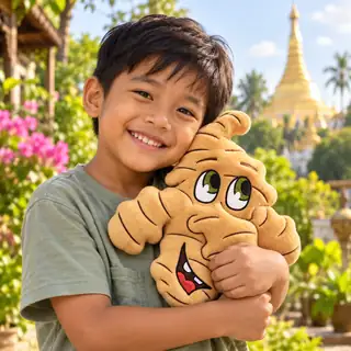 A smiling child hugging a Ginn Ginger plush