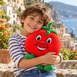 A smiling child hugging a Gino Tomato plush