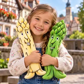 A smiling child hugging a Hans Asparagus plush