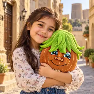 A smiling child hugging a Harry Hazelnut plush