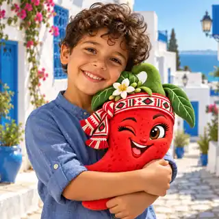 A smiling child hugging a Hedi Harissa plush