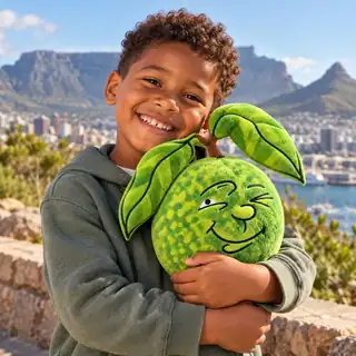A smiling child hugging a Humberto Lime plush