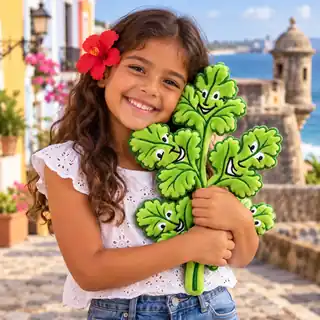 A smiling child hugging a Jose Cilantro plush