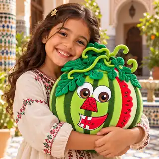 A smiling child hugging a Kadin Watermelon plush