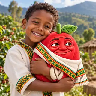 A smiling child hugging a Kafa Coffee plush