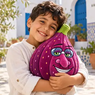 A smiling child hugging a Karmous Fig plush