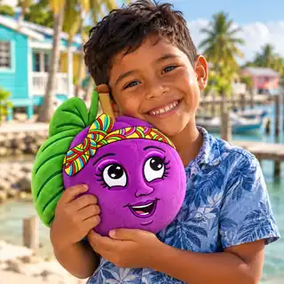 A smiling child hugging a Kellee Cocoplum plush