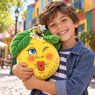 A smiling child hugging a Lena Lemon plush
