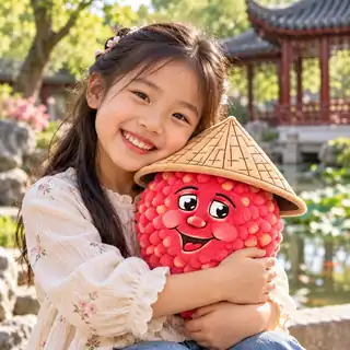 A smiling child hugging a Li Lychee plush
