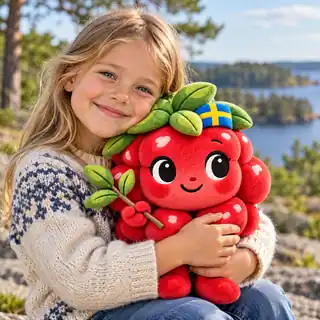 A smiling child hugging a Linn Lingonberry plush