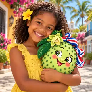 A smiling child hugging a Lola Soursop plush