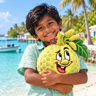 A smiling child hugging a Malu Breadfruit plush