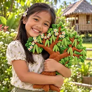 A smiling child hugging a Malunggay Moringa plush