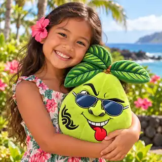 A smiling child hugging a Mana Guava plush