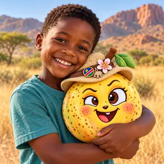 A smiling child hugging a Mara Marula plush