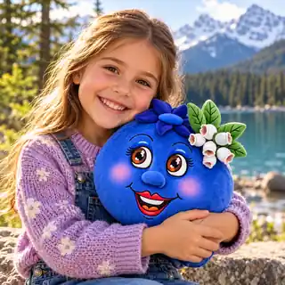 A smiling child hugging a Mary Blueberry plush