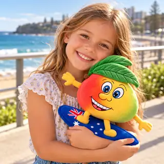 A smiling child hugging a Mate Mango plush