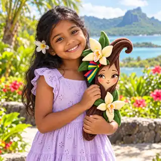 A smiling child hugging a Mira Vanilla plush