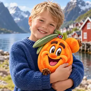 A smiling child hugging a Nils Sea Buckthorn plush