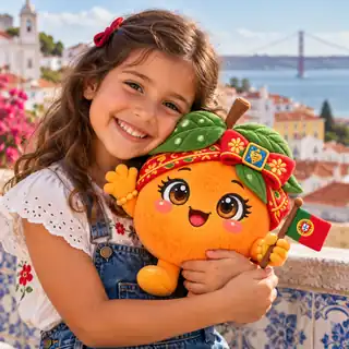 A smiling child hugging a Oriana Orange plush