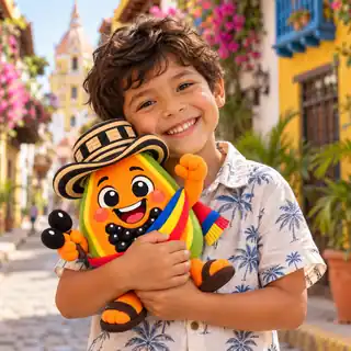 A smiling child hugging a Pablo Papaya plush