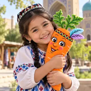 A smiling child hugging a Pamela Carrot plush