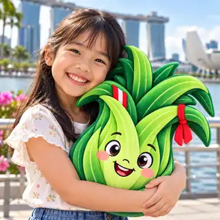 A smiling child hugging a Pandan Pan plush