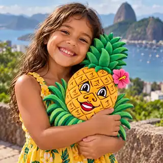 A smiling child hugging a Patti Pineapple plush