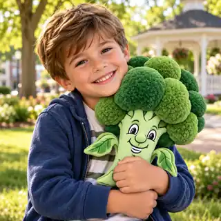 A smiling child hugging a Pauli Broccoli plush